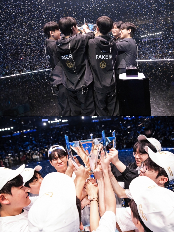 ‘리그오브레전드(LoL) 월드 챔피언십’ 결승전에서 한국의 T1이 우승 트로피인 ‘소환사의 컵’을 들어 올렸다. ⓒColin Young-Wolff/Riot Games/Flickr